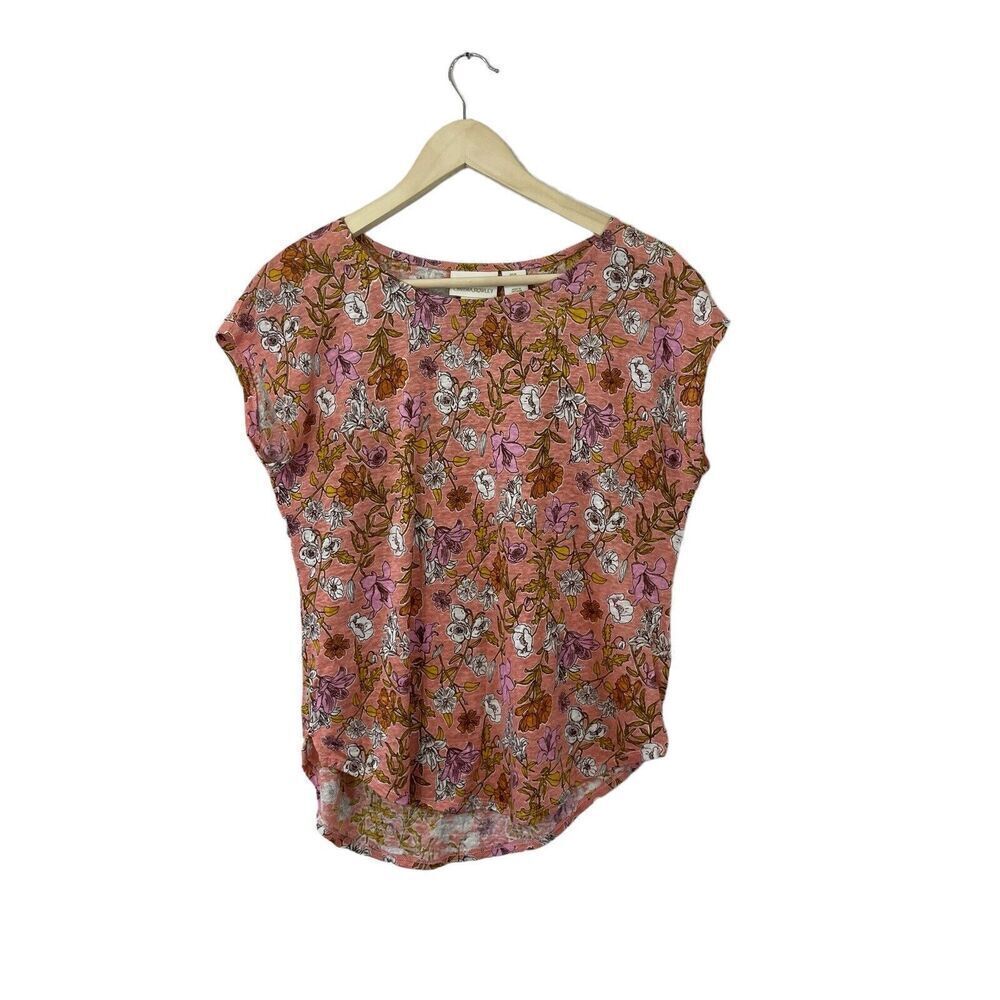 Cynthia Rowley Medium Top 100% Linen Pink Botanical Floral Short Sleeve Womens